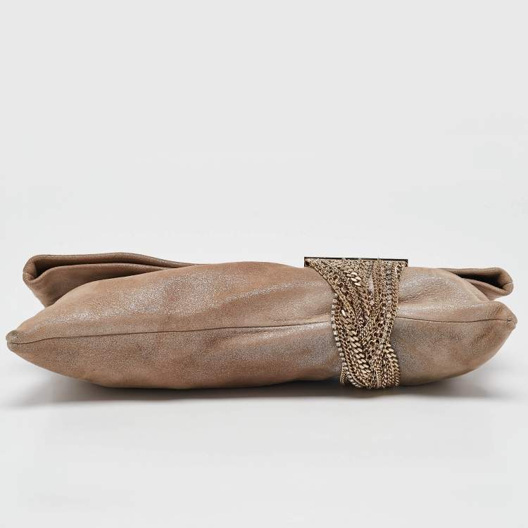 Pre Owned Jimmy Choo Beige Shimmering Suede Chandra Clutch
