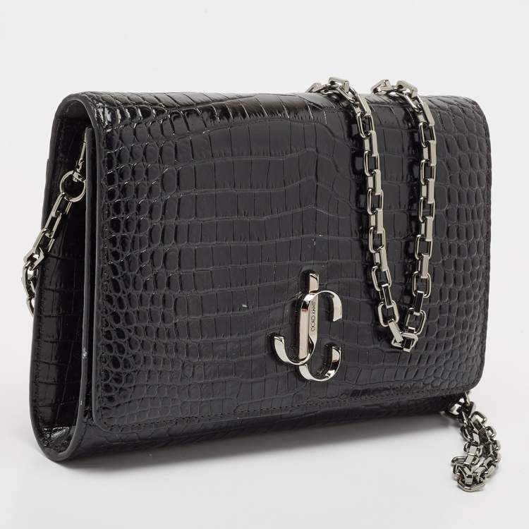 Pre Owned Jimmy Choo Black Croc Embossed Leather Varenne Clutch Bag