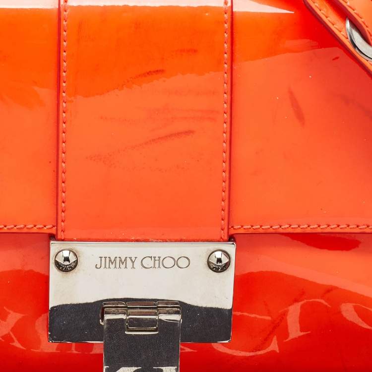Pre Owned Jimmy Choo Neon Orange Patent Leather Rebel Top Handle Bag