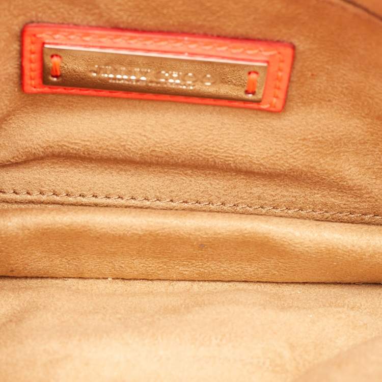 Pre Owned Jimmy Choo Neon Orange Patent Leather Rebel Top Handle Bag