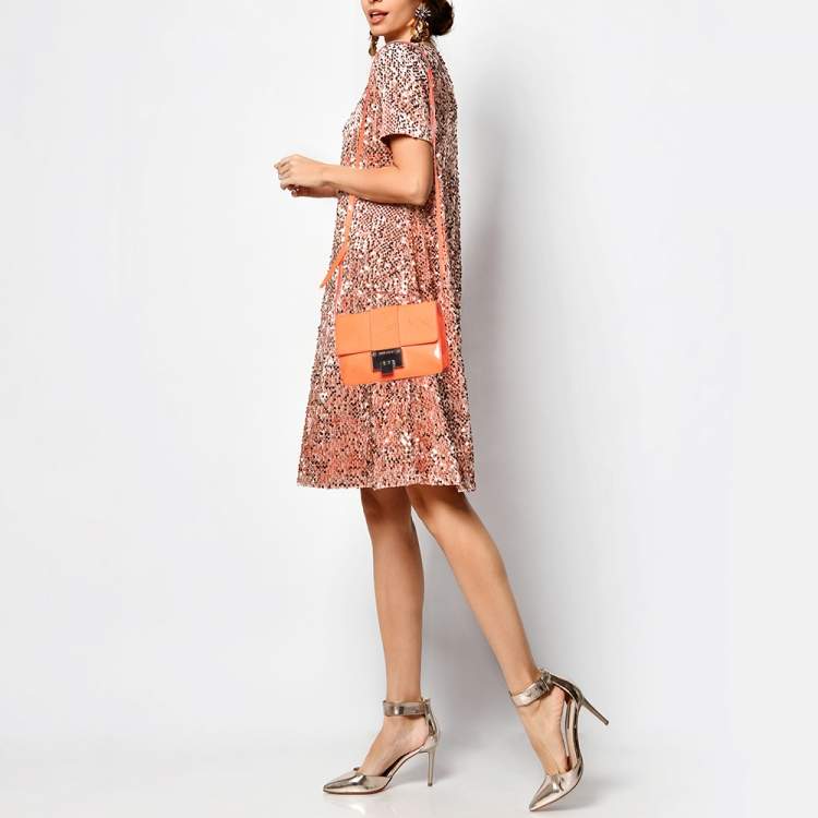 Pre Owned Jimmy Choo Neon Orange Patent Leather Rebel Top Handle Bag