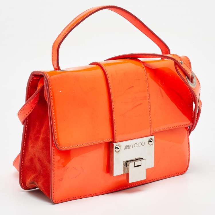 Pre Owned Jimmy Choo Neon Orange Patent Leather Rebel Top Handle Bag
