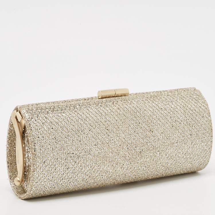 Pre Owned Jimmy Choo Gold Glitter and Lurex Fabric Twill Tube Clutch