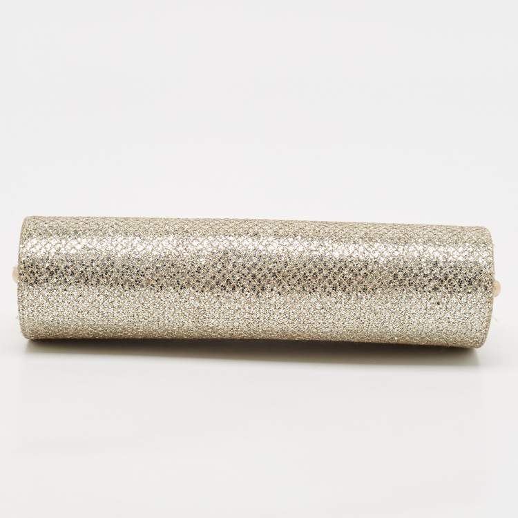 Pre Owned Jimmy Choo Gold Glitter and Lurex Fabric Twill Tube Clutch