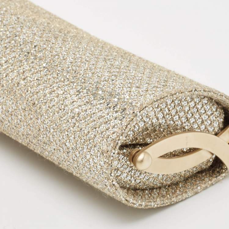 Pre Owned Jimmy Choo Gold Glitter and Lurex Fabric Twill Tube Clutch