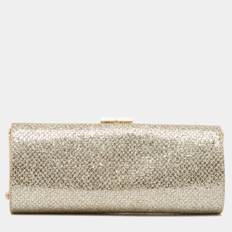 Pre Owned Jimmy Choo Gold Glitter and Lurex Fabric Twill Tube Clutch