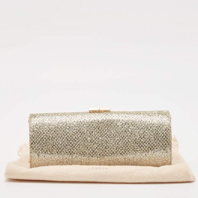 Pre Owned Jimmy Choo Gold Glitter and Lurex Fabric Twill Tube Clutch