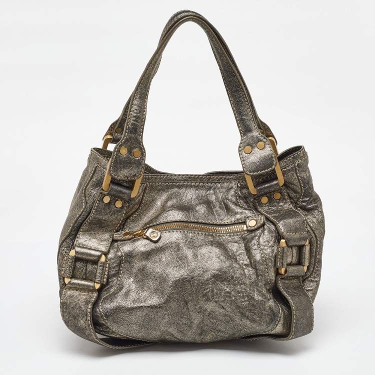Pre Owned Jimmy Choo Metallic Grey Leather Mahala Tote