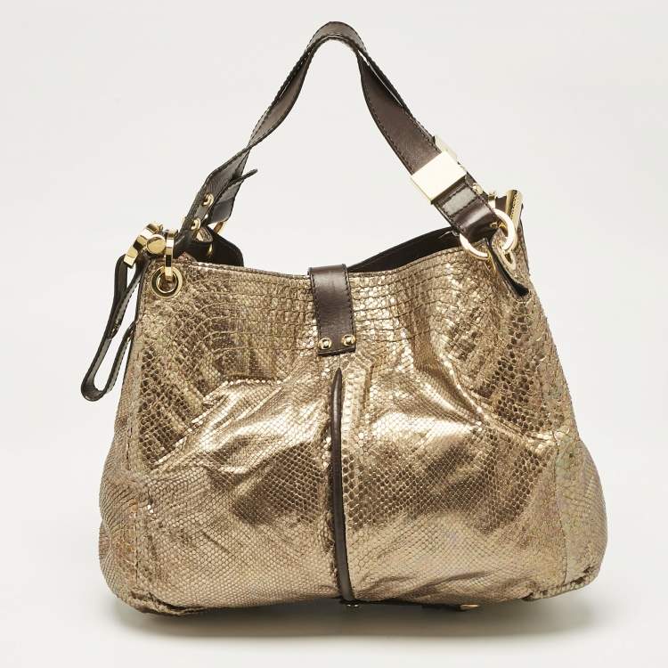 Pre Owned Jimmy Choo Gold/Brown Leather and Snakeskin Alex Shoulder Bag