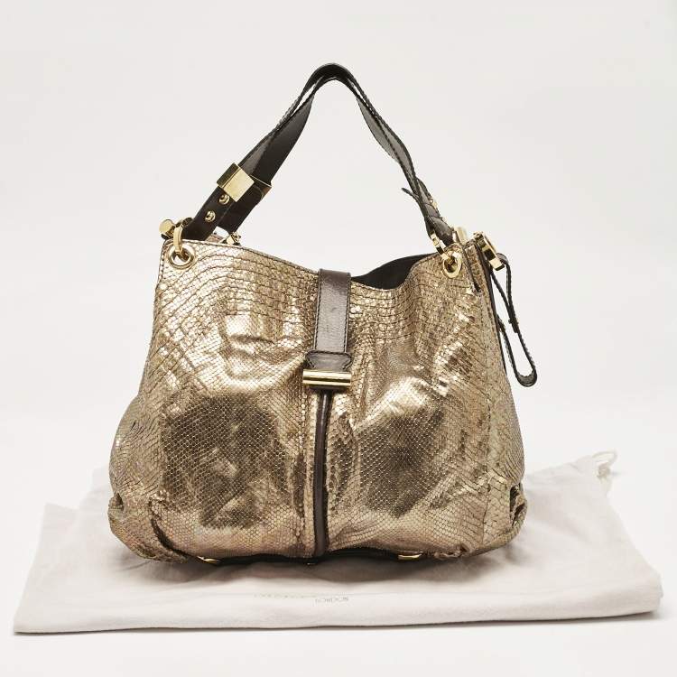 Pre Owned Jimmy Choo Gold/Brown Leather and Snakeskin Alex Shoulder Bag