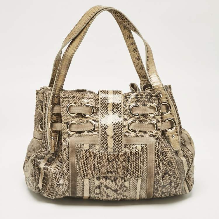 Pre Owned Jimmy Choo Beige Snakeskin and Suede Riki Tote