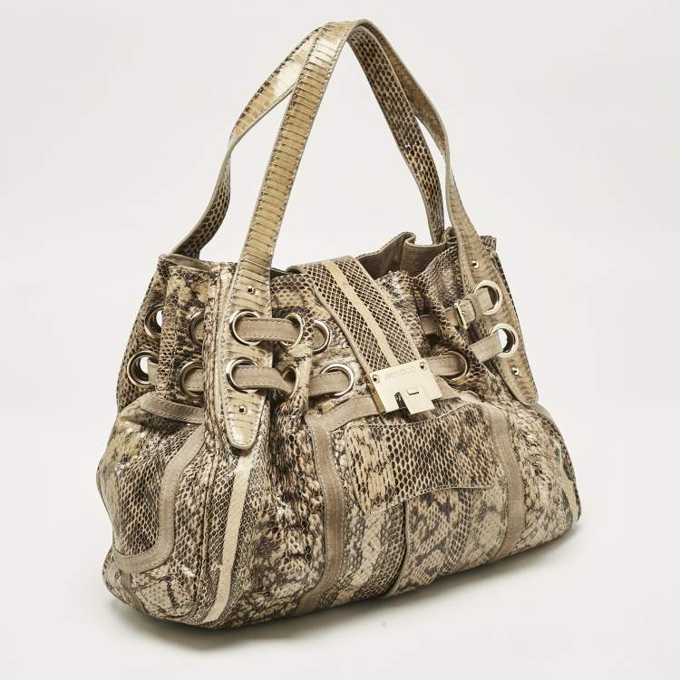 Pre Owned Jimmy Choo Beige Snakeskin and Suede Riki Tote