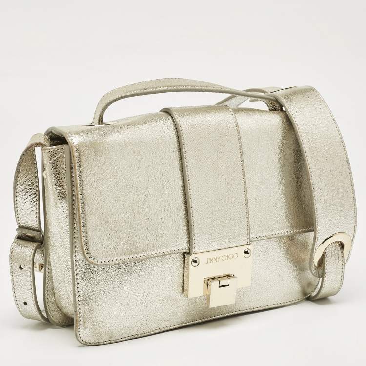 Pre Owned Jimmy Choo Gold Leather Rebel Flap Top Handle Bag