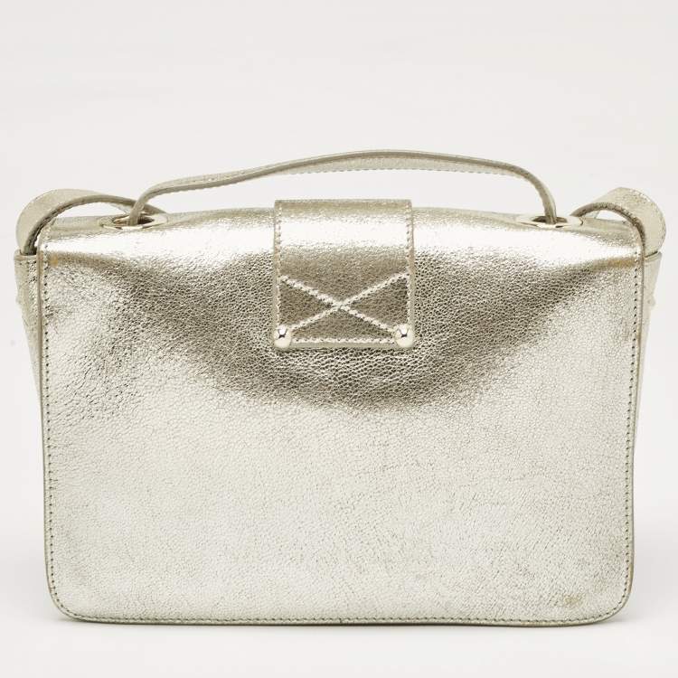 Pre Owned Jimmy Choo Gold Leather Rebel Flap Top Handle Bag