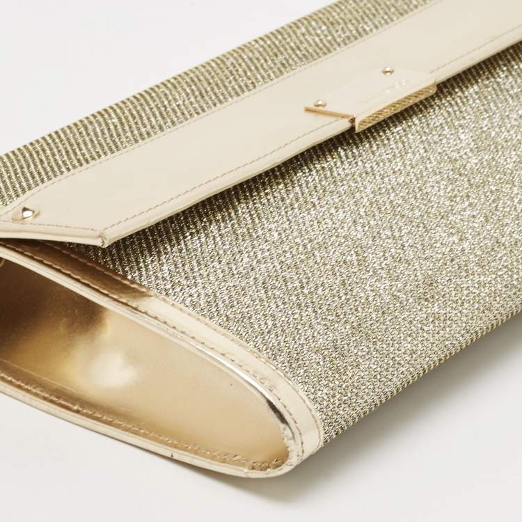 Pre Owned Jimmy Choo Gold Leather and Glitter Mesh Reese Continental Clutch