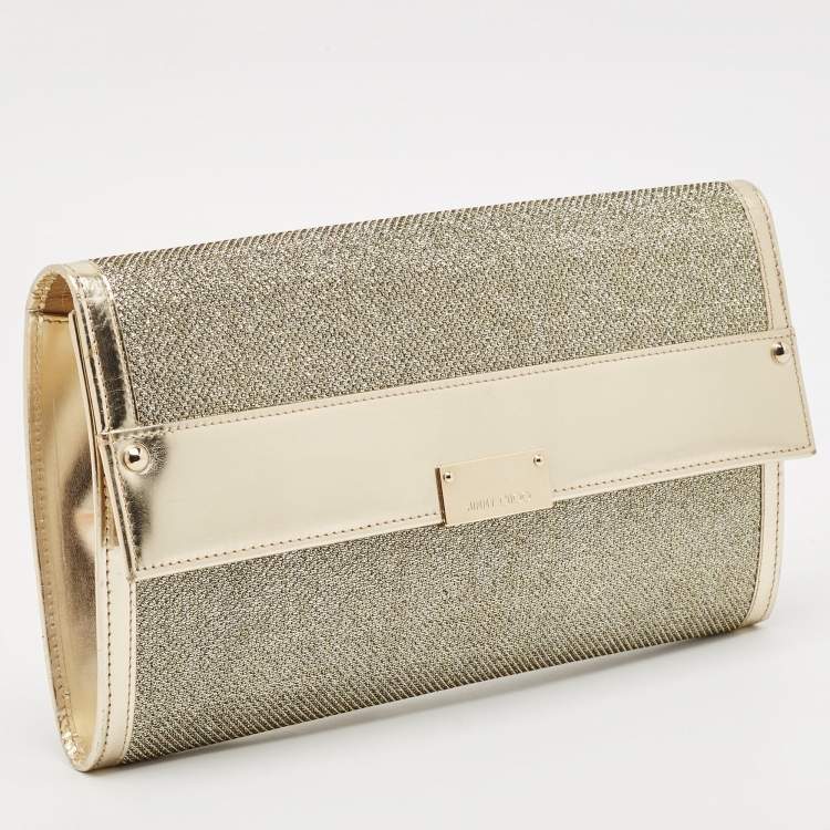 Pre Owned Jimmy Choo Gold Leather and Glitter Mesh Reese Continental Clutch
