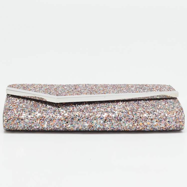 Pre Owned Jimmy Choo Pink Coarse Glitter Emmie Chain Clutch