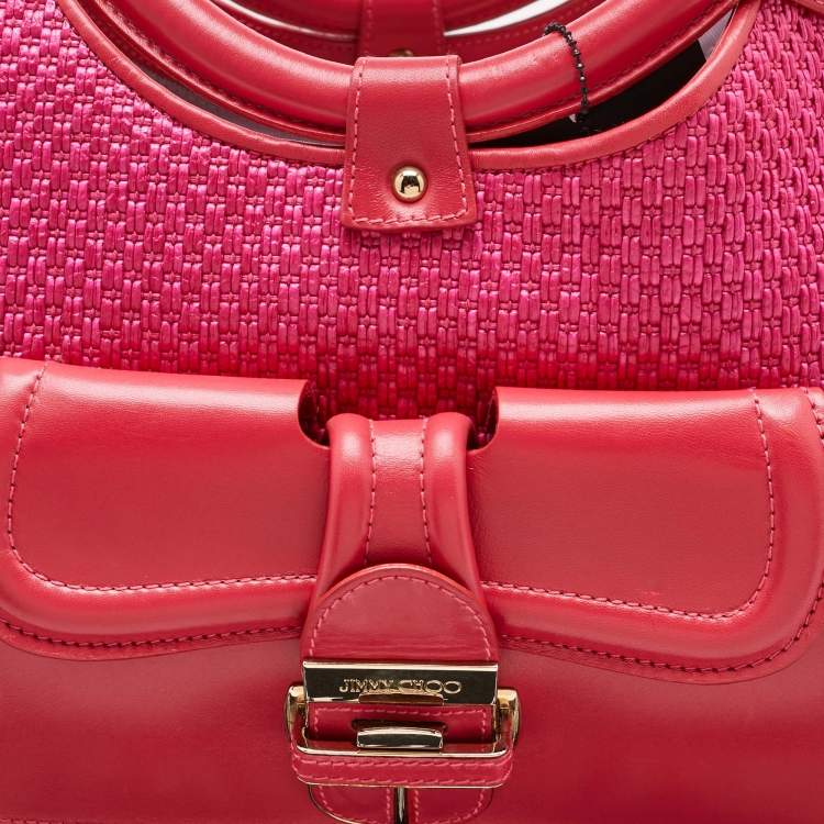 Pre Owned Jimmy Choo Pink Raffia and Leather Front Pocket Tote