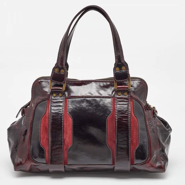 Pre Owned Jimmy Choo Burgundy Patent Leather and Suede Malena Satchel