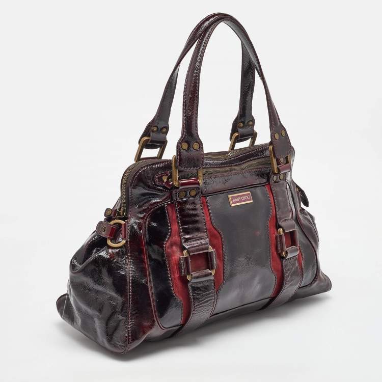 Pre Owned Jimmy Choo Burgundy Patent Leather and Suede Malena Satchel