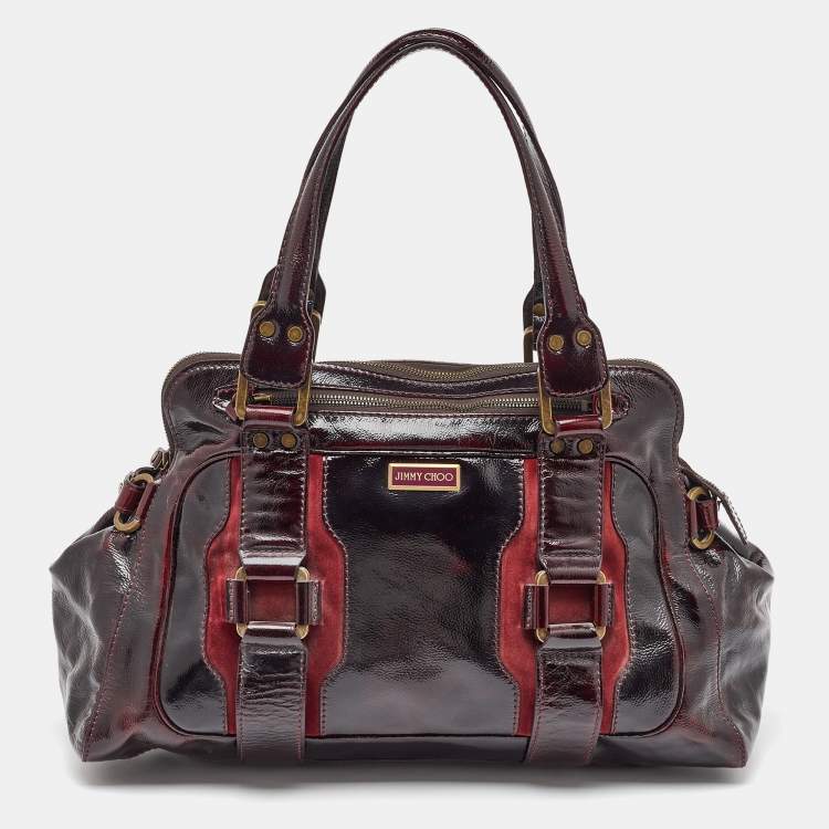 Pre Owned Jimmy Choo Burgundy Patent Leather and Suede Malena Satchel