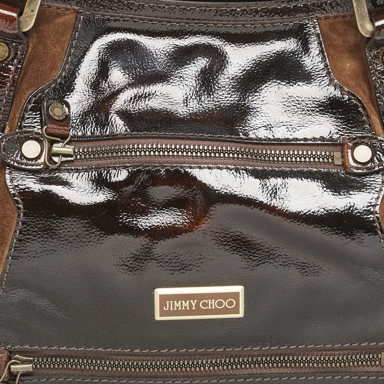 Pre Owned Jimmy Choo Dark Brown Patent Leather and Suede Malena Satchel
