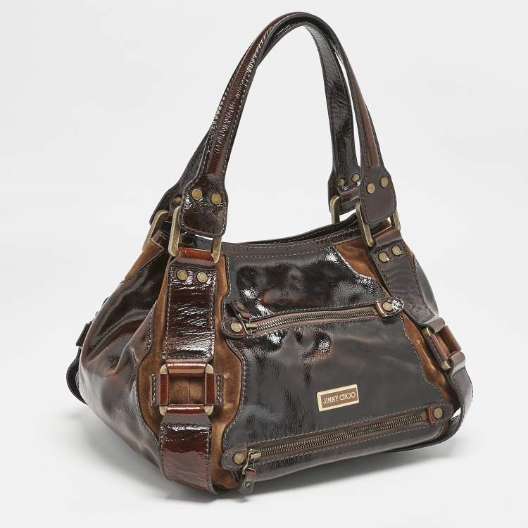 Pre Owned Jimmy Choo Dark Brown Patent Leather and Suede Malena Satchel