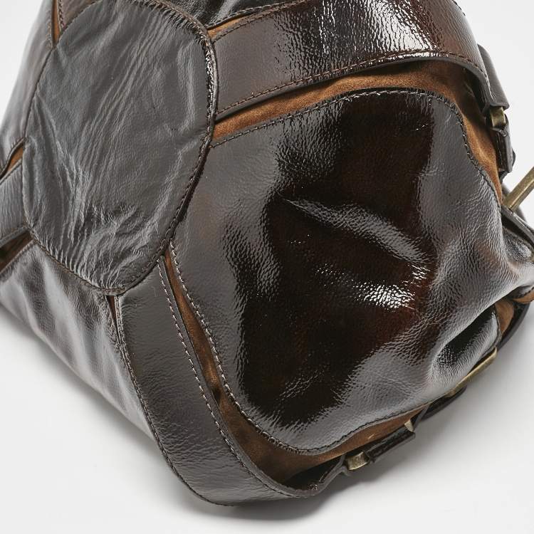 Pre Owned Jimmy Choo Dark Brown Patent Leather and Suede Malena Satchel
