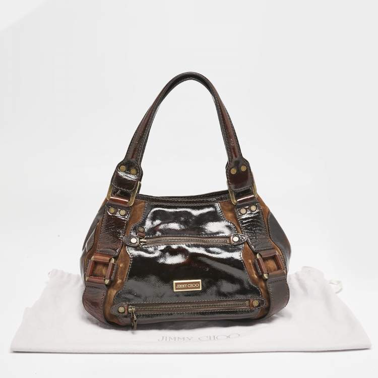 Pre Owned Jimmy Choo Dark Brown Patent Leather and Suede Malena Satchel