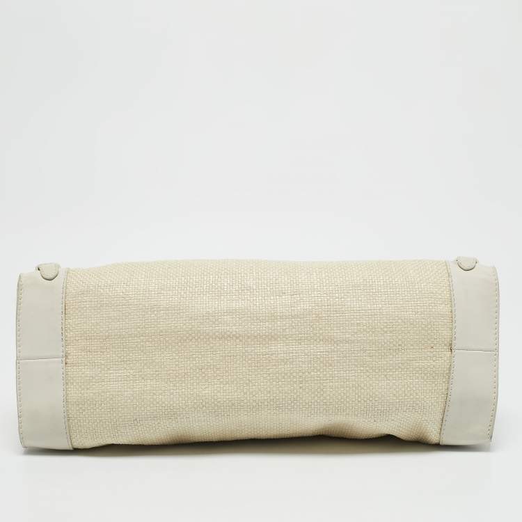 Pre Owned Jimmy Choo White/Beige Leather and Raffia Tulita Shoulder Bag