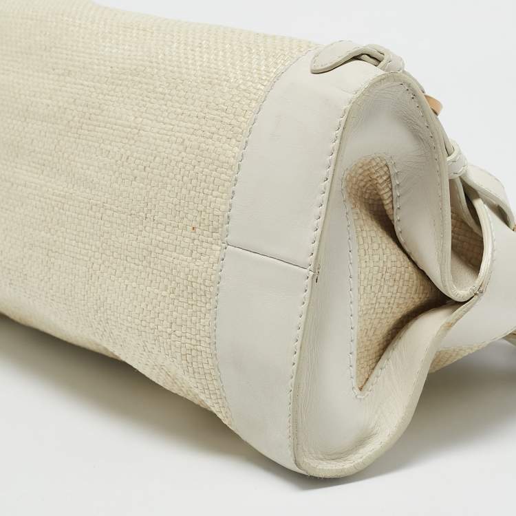 Pre Owned Jimmy Choo White/Beige Leather and Raffia Tulita Shoulder Bag