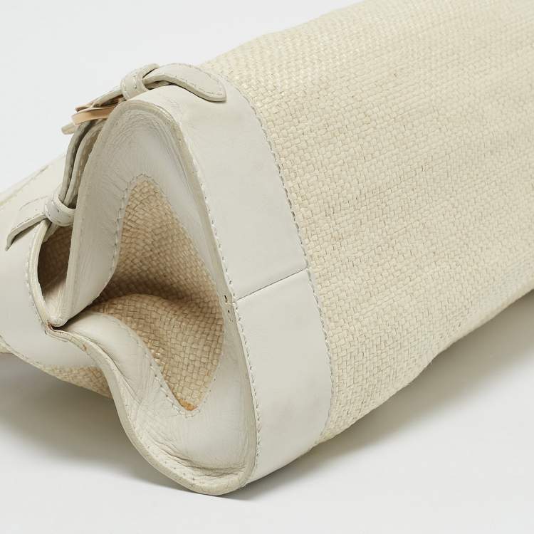 Pre Owned Jimmy Choo White/Beige Leather and Raffia Tulita Shoulder Bag
