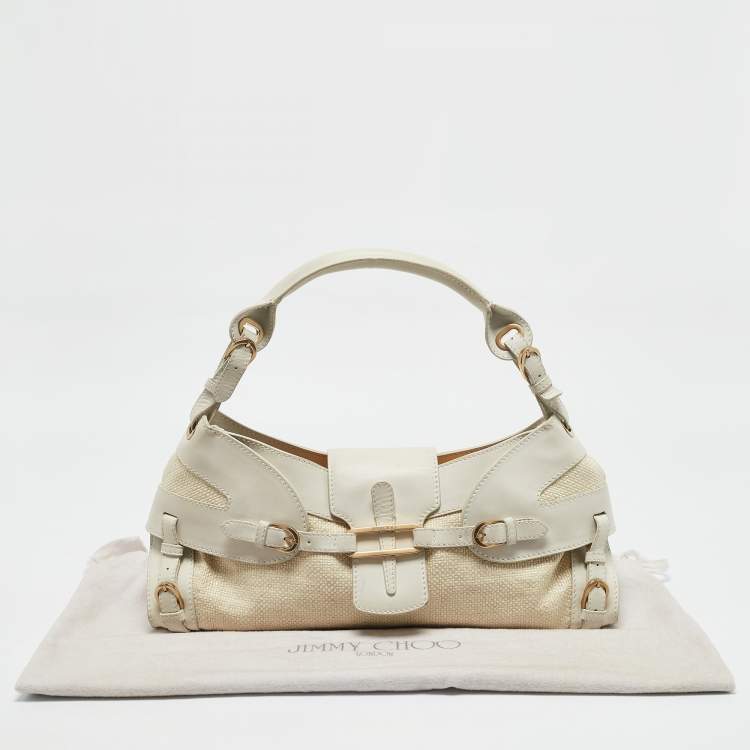Pre Owned Jimmy Choo White/Beige Leather and Raffia Tulita Shoulder Bag