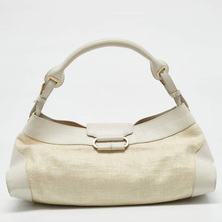 Pre Owned Jimmy Choo White/Beige Leather and Raffia Tulita Shoulder Bag