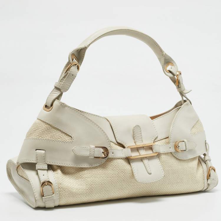 Pre Owned Jimmy Choo White/Beige Leather and Raffia Tulita Shoulder Bag