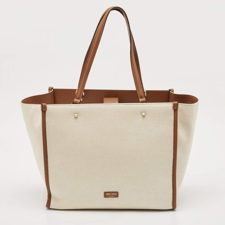Pre Owned Jimmy Choo Beige/Brown Canvas and Leather Varenne Tote