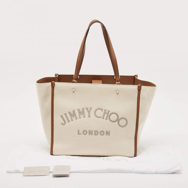 Pre Owned Jimmy Choo Beige/Brown Canvas and Leather Varenne Tote