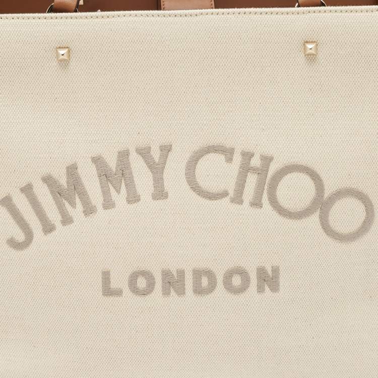 Pre Owned Jimmy Choo Beige/Brown Canvas and Leather Varenne Tote
