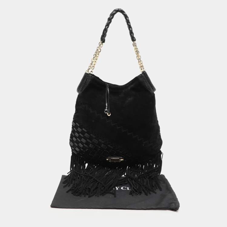 Pre Owned Jimmy Choo Black Suede and Snakeskin Fringed Tatum Hobo