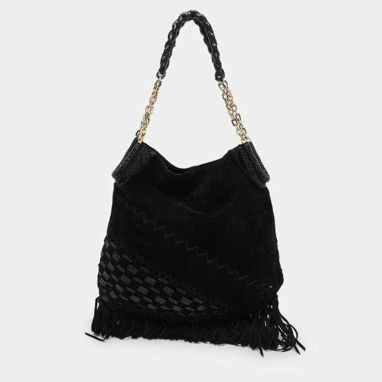 Pre Owned Jimmy Choo Black Suede and Snakeskin Fringed Tatum Hobo