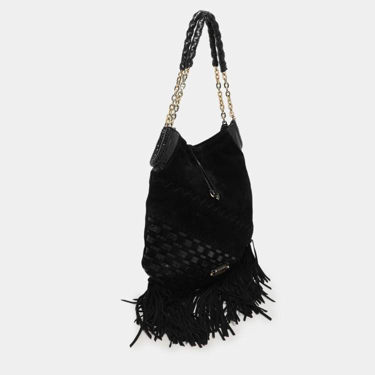 Pre Owned Jimmy Choo Black Suede and Snakeskin Fringed Tatum Hobo