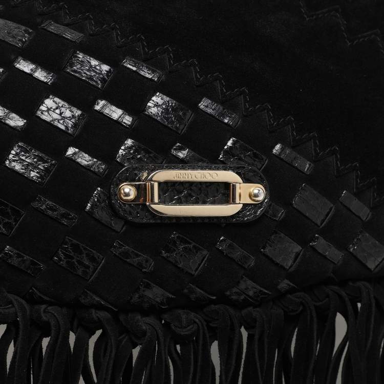 Pre Owned Jimmy Choo Black Suede and Snakeskin Fringed Tatum Hobo