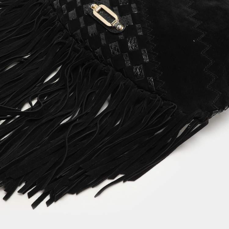 Pre Owned Jimmy Choo Black Suede and Snakeskin Fringed Tatum Hobo