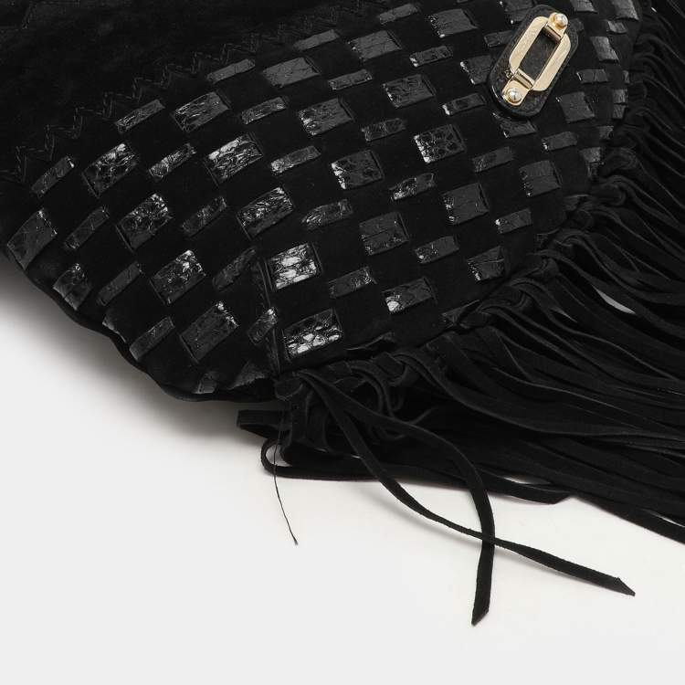 Pre Owned Jimmy Choo Black Suede and Snakeskin Fringed Tatum Hobo