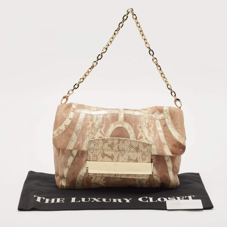 Pre Owned Jimmy Choo Beige/Cream Lizard and Snakeskin Carolina Chain Shoulder Bag