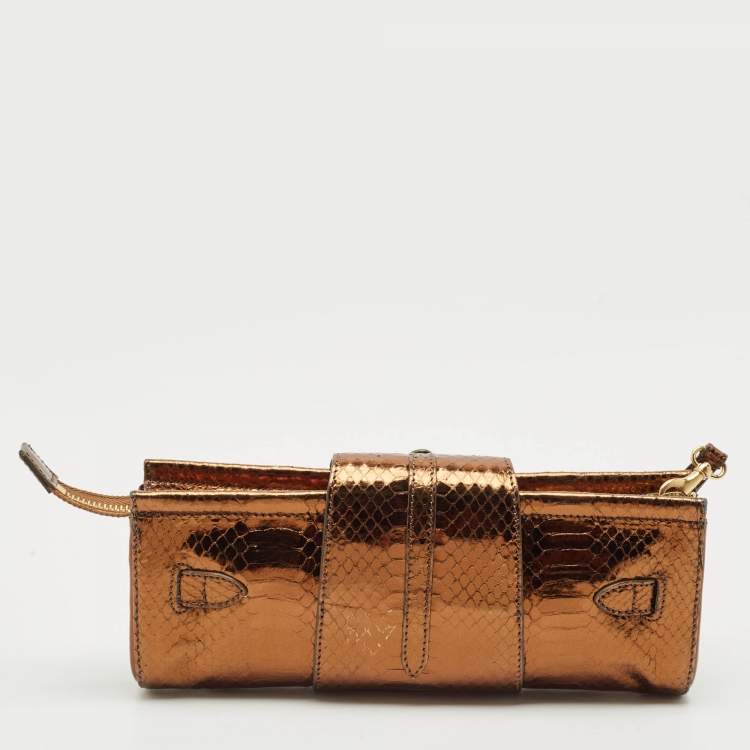 Pre Owned Jimmy Choo Bronze Python Tulita Wristlet Clutch