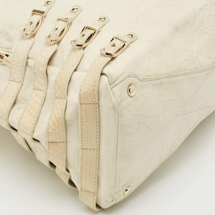 Pre Owned Jimmy Choo Off White Leather and Snakeskin Trim Bree Bag