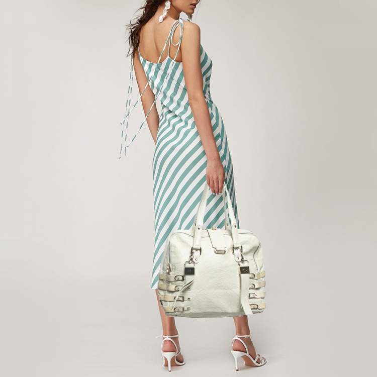 Pre Owned Jimmy Choo Off White Leather and Snakeskin Trim Bree Bag
