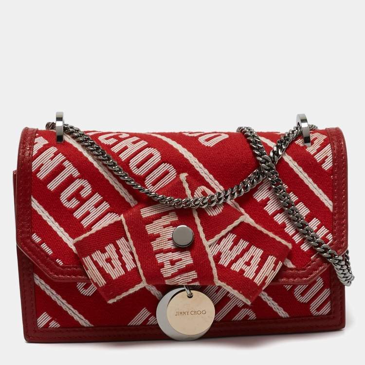 Pre Owned Jimmy Choo Red Canvas and Leather Finley Logo Crossbody Bag