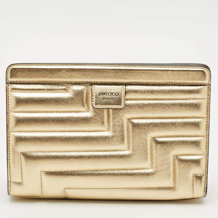 Pre Owned Jimmy Choo Gold Quilted Leather Avenue Clutch